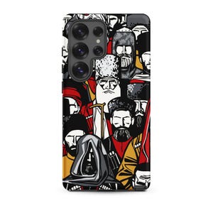 May include: A phone case featuring a stylized illustration of a crowd of men with beards and traditional hats. The design uses a limited color palette of black, white, red, and gold, creating a bold and graphic aesthetic.