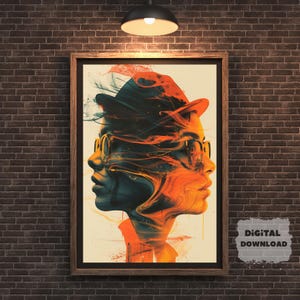 Może przedstawiać: Cyfrowy wydruk artystyczny przedstawiający stylizowany portret osoby z dwiema twarzami, w kapeluszu i okularach. Grafika wykorzystuje żywą paletę kolorów pomarańczowego, turkusowego i żółtego. Zawiera etykietę 'DIGITAL DOWNLOAD'.