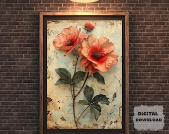 Lámina floral botánica vintage Dusty Petals, arte mural rústico de amapolas con textura envejecida, ilustración floral antigua para una decoración cottagecore acogedora.