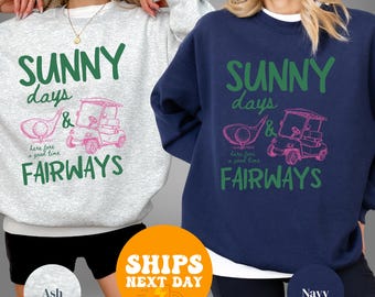 Sudadera de cuello redondo "Días soleados y campos de golf", regalo para amantes del golf, jersey de golf de verano, camiseta de golf divertida, sudadera con estampado de golf, aficionado al golf.