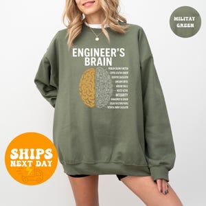 May include: A military green sweatshirt with the text "ENGINEER'S BRAIN" and a graphic of a brain split in two halves. One half is a golden-yellow brain, and the other half is a circuit board design. The sweatshirt also lists engineering functions.