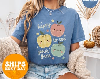 Camiseta de colores cómodos para maestros, camiseta "Happy To See Your Face", regalo para maestros de regreso a clases, camiseta con cara feliz para el aula.
