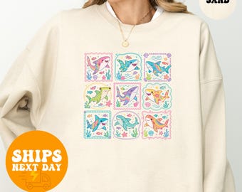 Shark Tropical Ocean Sweatshirt, Vintage Shark Species Hoodie, Coastal Beach Pullover, Shark Lover Gift, Aquarium Gift