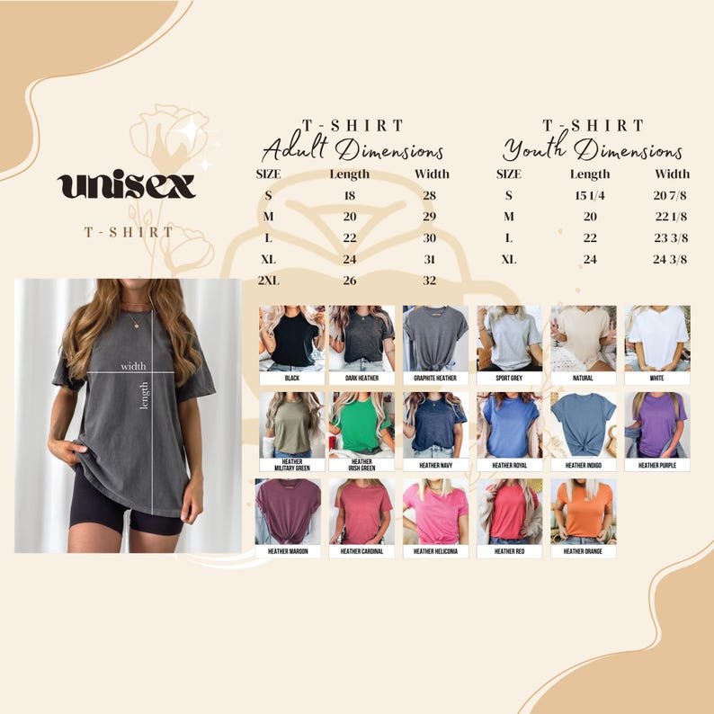 The image is a collage of various t-shirt designs, including adult and youth sizes, along with their corresponding dimensions.