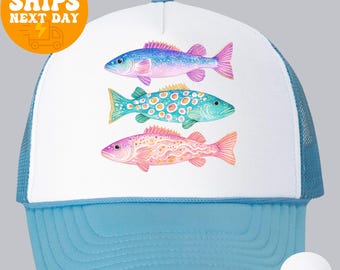 Gorra de camionero estilo preppy con diseño de pez, gorra de pesca de verano para mujer, gorra de camionero de espuma colorida, gorra linda para el lago y la playa.