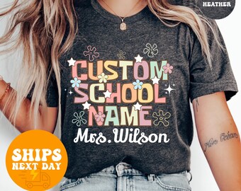 Camiseta personalizada con el nombre de la escuela, camiseta escolar personalizada, camiseta para estudiantes, camiseta para profesores, camiseta con el espíritu escolar, conjunto para la vuelta al cole, texto personalizado