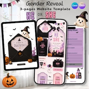 May include: A 3-page gender reveal website template featuring a Halloween theme with ghosts, pumpkins, and bats. The digital design includes text such as A Baby is Brewing, He or She, and Kindly RSVP, displayed on tablet and smartphone screens.