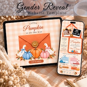 May include: A digital gender reveal website template displayed on a tablet and smartphone. The screen shows a pumpkin-themed design with an orange envelope, pumpkins, and ducks. Text includes A Little Pumpkin Is On The Way and Tap To Open.