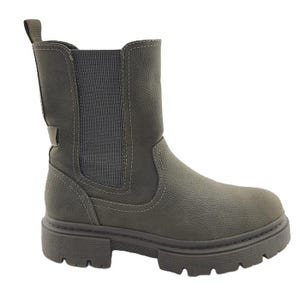 May include: A pair of olive green ankle boots with a textured leather-like appearance. The boots have a chunky sole, elastic side panels, and a pull tab at the back. The stitching is visible in a lighter color.