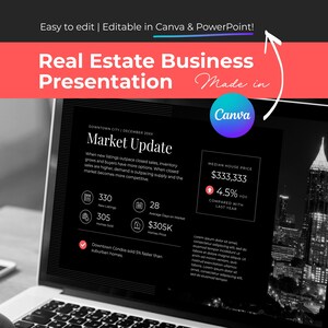 May include: A laptop displaying a real estate business presentation. The screen shows a "Market Update" with data on new listings, homes sold, and median house price. The presentation is editable in Canva and PowerPoint.