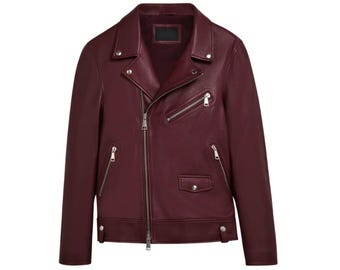 Men's Maroon Lambskin Leather Biker Jacket: Asymmetrical Moto Coat
