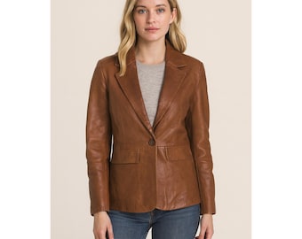 Women's Brown Lambskin Leather Blazer: Two-Button Smart Coat