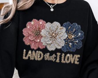 Land That I Love Png, Patriotic Floral 4th of July Design, American Flag Flowers Sublimation Png