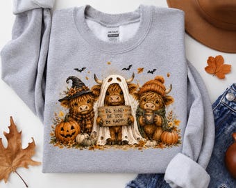 Zabawna halloweenowa krowa szkocka w formacie PNG, bądź miły, bądź szczęśliwy, jesienna koszulka z nadrukiem sublimacyjnym, słodka dyniowa czarownica, modna cyfrowa grafika DTF
