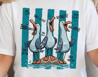 Zabawna krzycząca mewa PNG, projekt koszulki z niestandardową nazwą mewy, zabawny mem z ptakiem PNG, spersonalizowana koszulka plażowa z sublimacją, projekt mewy PNG