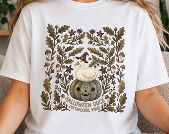 Słodka kaczka na Halloween PNG, jesienny clipart Cottagecore, dynia z wiedźmą kaczką PNG, projekt koszulki z upiornym sezonem, sublimacja jesiennych grzybów
