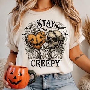Stay Creepy Halloween PNG T-shirtontwerp, hart, pompoen, schedel sublimatie, griezelig vintage skelet gotisch sweatshirt vectorafbeelding