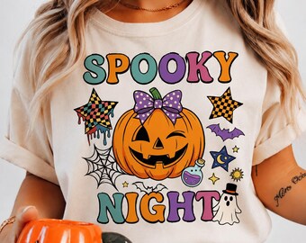 Słodka dynia na Halloween w formacie PNG, upiorny nocny retro wzór w kratkę jesienną sublimacją na koszulkę, modna kokarda ducha do pobrania w formacie cyfrowym DTF Graphics