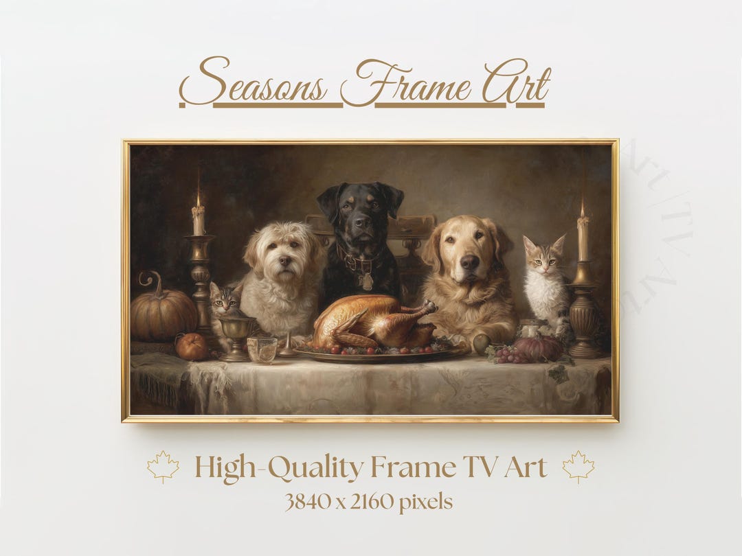 Festive Thanksgiving Table Frame TV Art – Dogs, Cat & Chickens Autumn ...