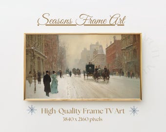 May include: A framed print of a winter street scene with horse-drawn carriages and pedestrians. The artwork is in a gold frame and features the text "Seasons Frame Art" and "High-Quality Frame TV Art". The image resolution is 3840 x 2160 pixels.