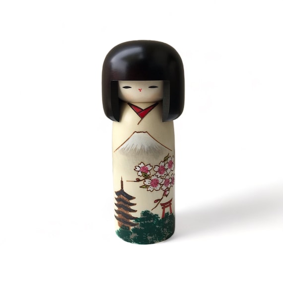 Japanese Kokeshi Doll, Mount Fuji Art, Japanese Aesthetic, Anniversary Gift for Wife, Birthday Gift for Best Friend, Office Decor for Women
