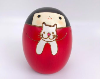 Poupée kokeshi japonaise avec chat, fabriquée au Japon, souvenir japonais, cadeau pour amoureux des chats pour femme, cadeau pour maman chat, cadeau sauvetage d'animaux, décoration chat