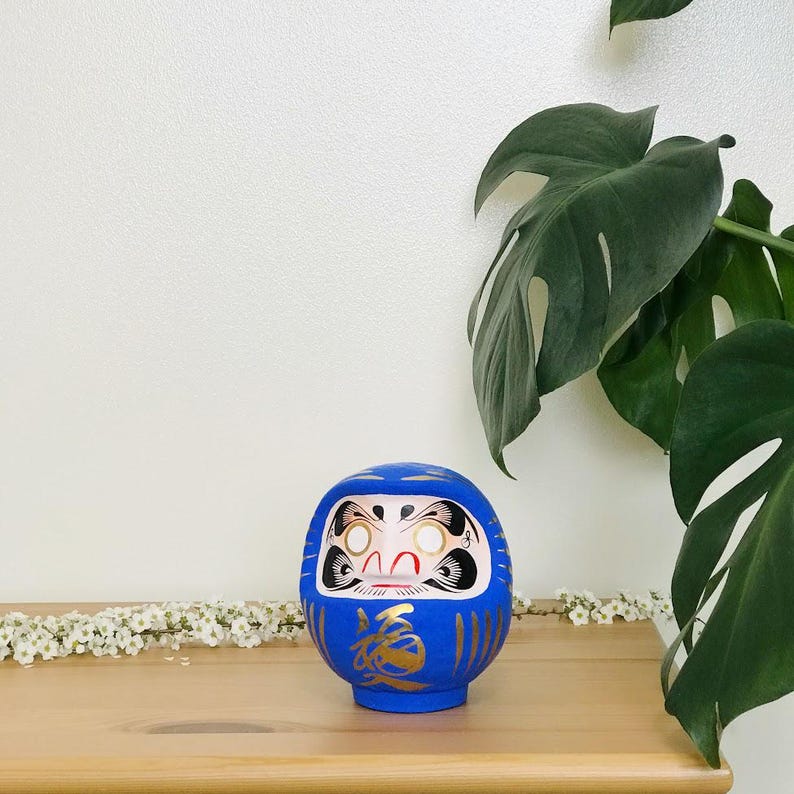 Japanese Daruma Doll, Handmade in Japan, Unique Desk Decor, Encouragement Gift, Good Fortune Home Decor, Hand-Painted Wishing Doll Blue