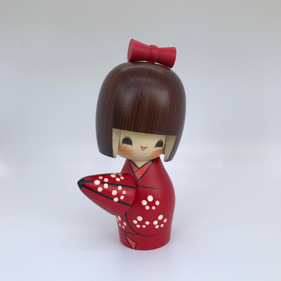 Handmade Japanese Kokeshi Doll With Umbrella, Wearing Red Kimono and