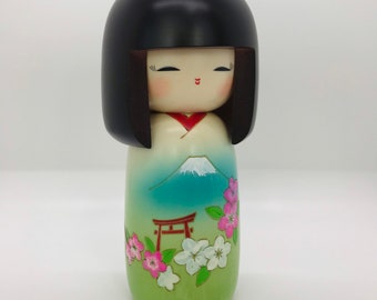 Japanese Kokeshi Doll, Made in Japan, Handmade Art Dolls, Japanese Souvenir, Birthday Gift for Mom, Sakura Doll, Mount Fuji Souvenir