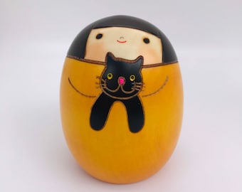 Japanese Kokeshi Doll with Cat, Made in Japan, Handmade Gift, Japanese Souvenir, Asian Art and Decor, Gift for Cat Lovers, Gift for Cat Mom