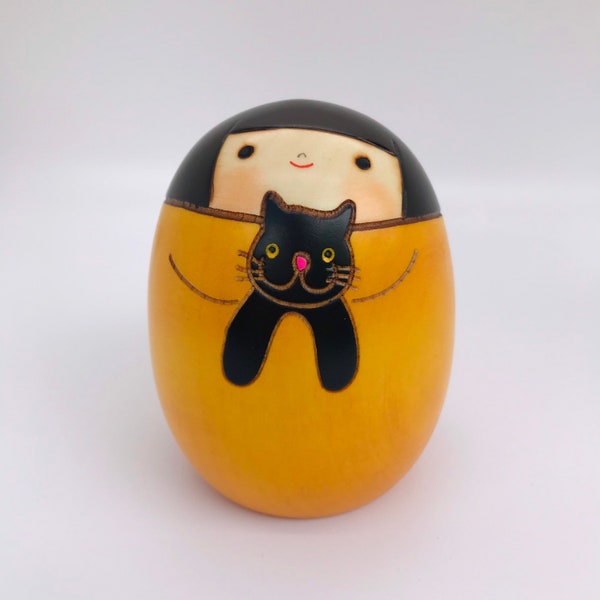 Japanese Kokeshi Doll with Cat, Made in Japan, Handmade Gift, Japanese Souvenir, Asian Art and Decor, Gift for Cat Lovers, Gift for Cat Mom