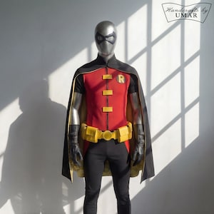 Robin-cosplaykostuum | Roodzwart superheldenpak | Op maat gemaakte outfit