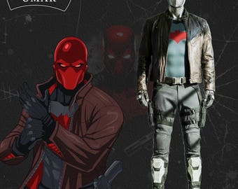 May include: An image showcasing a Red Hood costume and an illustration of the character. The costume comprises a brown leather jacket, grey trousers, and a red bat symbol. The illustration depicts the Red Hood in a similar outfit, with a red mask and a gun.