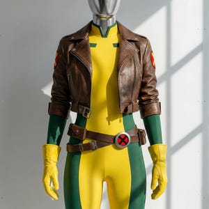 May include: A brown leather cropped motorcycle jacket worn over a yellow and green bodysuit. The outfit includes yellow gloves, a brown utility belt with a circular red and black X-logo buckle, and matching X-logo patches on the jacket sleeves.