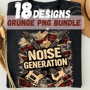 Puede incluir: Camiseta negra con un diseño grunge de dos guitarras eléctricas cruzadas. El texto "NOISE GENERATION" y "18 DESIGNS GRUNGE PNG BUNDLE" están presentes. El diseño incorpora cuadros rojos y una estrella.