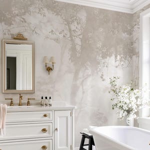 Moody Woodland Wallpaper for Bathroom | Neutral Forest Wall Mural | Powder Room Decor image 1