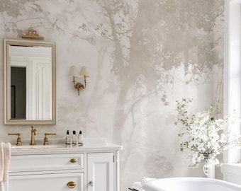 Moody Woodland Wallpaper for Bathroom | Neutral Forest Wall Mural | Powder Room Decor