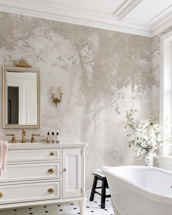 Moody Woodland Wallpaper for Bathroom | Neutral Forest Wall Mural | Powder Room Decor