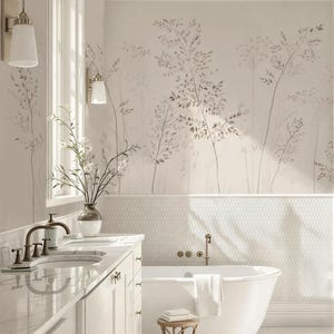 May include: A bright, airy bathroom with a white vanity, a freestanding tub, and a floral wallpaper. The room features a marble countertop, bronze fixtures, and a small wooden stool. The walls are painted in a neutral color.