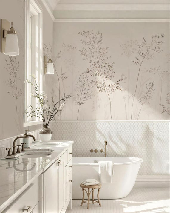 Beige Botanical Wallpaper for Bathroom | Neutral Leaf Wall Mural | Powder Room Decor