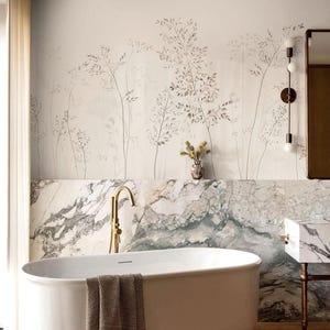 Beige Botanical Wallpaper for Bathroom | Neutral Leaf Wall Mural | Powder Room Decor image 3