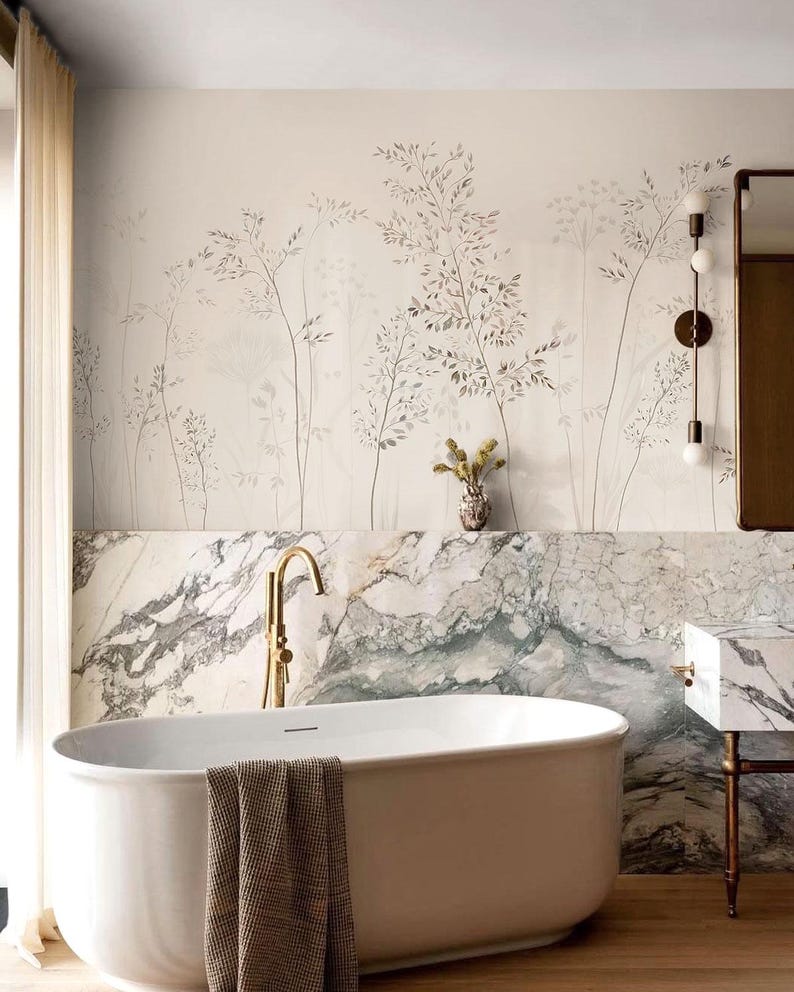 Beige Botanical Wallpaper for Bathroom | Neutral Leaf Wall Mural | Powder Room Decor image 3