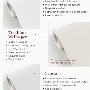 May include: White wallpaper rolls with different textures and installation methods are displayed. The image includes text describing the features of Peel & Stick, Traditional Wallpaper, and Canvas options. The Botein logo is at the bottom.