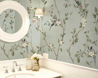 Bird Chinoiserie Wallpaper for Bathroom, Peel and Stick Wall Covering, Sage Green Vintage Pattern for Powder Room