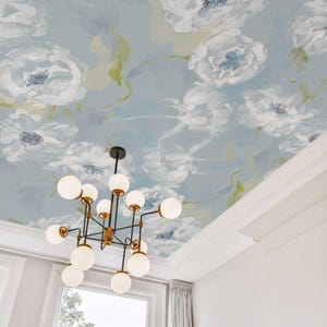 Ceiling wallpaper roll - Blue floral ceiling mural, white peony design, elegant botanical ceiling decor, luxury flower ceiling covering