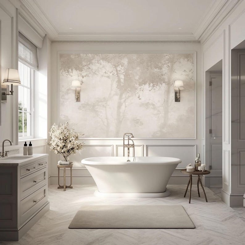 Moody Woodland Wallpaper for Bathroom | Neutral Forest Wall Mural | Powder Room Decor image 3