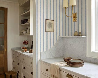 Blue Striped Linen Wallpaper Panels, Coastal Bathroom Wallpaper, Cottage Powder Room Decor