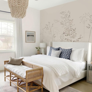 Beige Botanical Wallpaper for Bathroom | Neutral Leaf Wall Mural | Powder Room Decor image 5