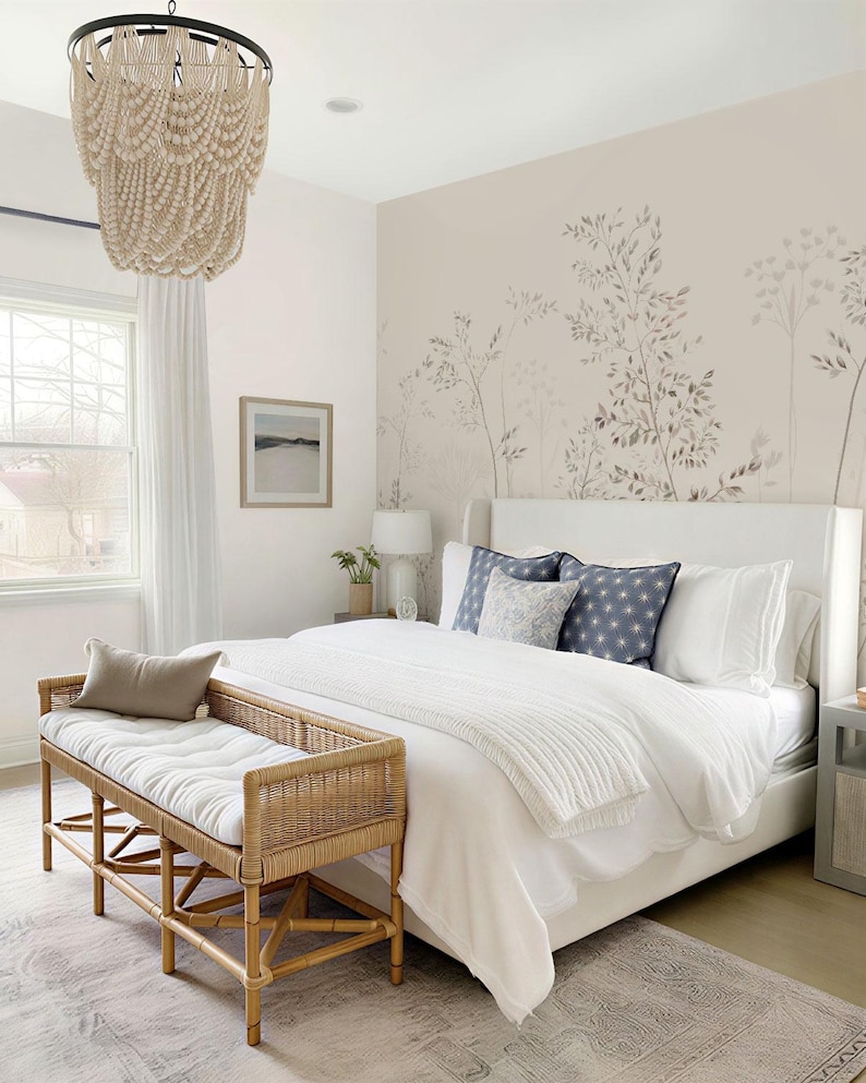 Beige Botanical Wallpaper for Bathroom | Neutral Leaf Wall Mural | Powder Room Decor image 5