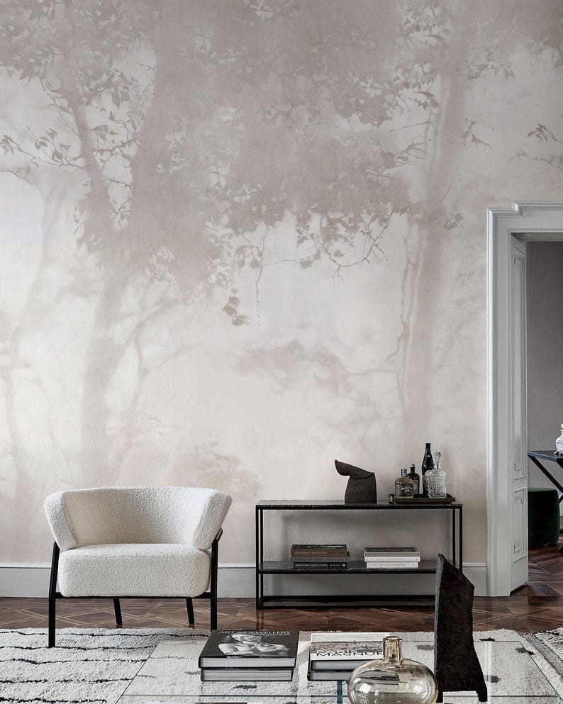 Moody Woodland Wallpaper for Bathroom | Neutral Forest Wall Mural | Powder Room Decor image 7